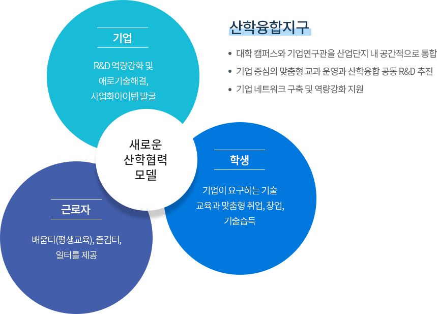 산학융합지구 -대학 캠퍼스와 기업연구관을 산업단지 내 공간적으로 통합. -기업 중심의 맞춤형 교과 운영과 산학융합 공동 R&D 추진. -기업 네트워크 구축 및 역량강화 지원. 새로운 산학협력 모델 기업:R&D 역량강화 및 애로기술해결, 사업화아이템 발굴. 근로자:배움터(평생교육), 즐김터, 일터를 제공 . 학생:기업이 요구하는 기술 교육과 맞춤형 취업, 창업, 기술습득.